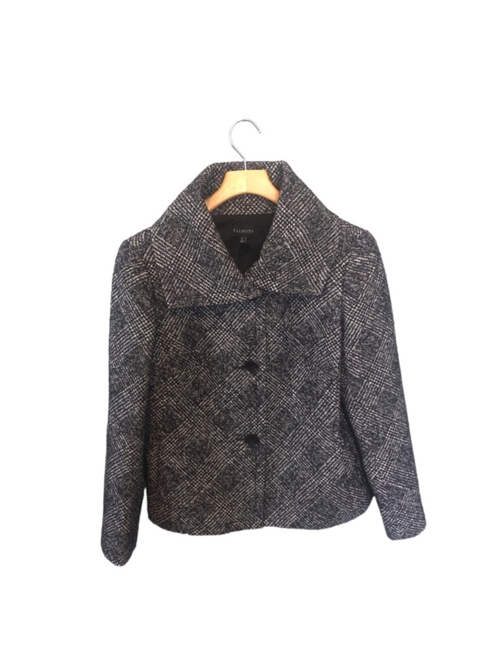Talbots Black White Wool Blend Button Collared Cropped Tweed Coat Size 12